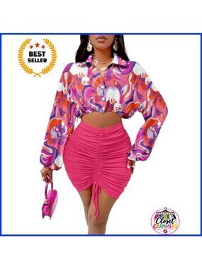 Women's 2 Piece Skirt Set Long Sleeve Crop Top Stretchy Mini Skirt Casual Sexy